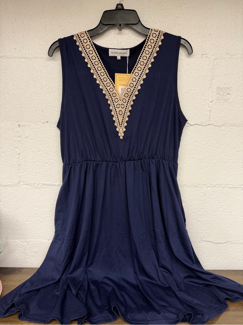 Hana Mama Navy Midi Dress with Cream Lace V-Neck